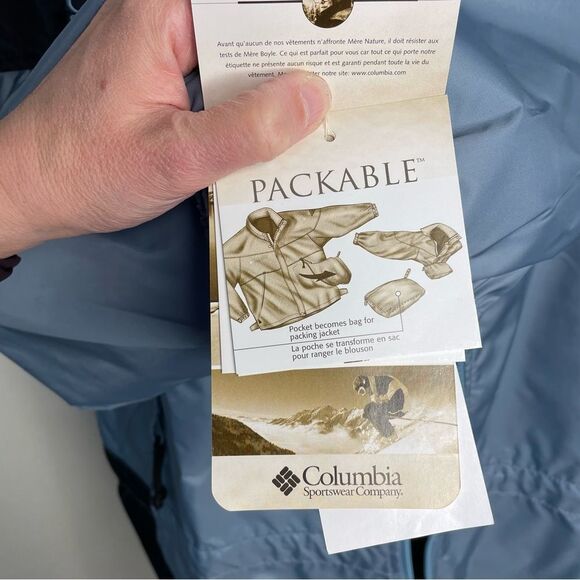 Columbia Minjin Rain Jacket Windbreaker Packable Hood Blue Gray New Medium - Picture 11 of 15